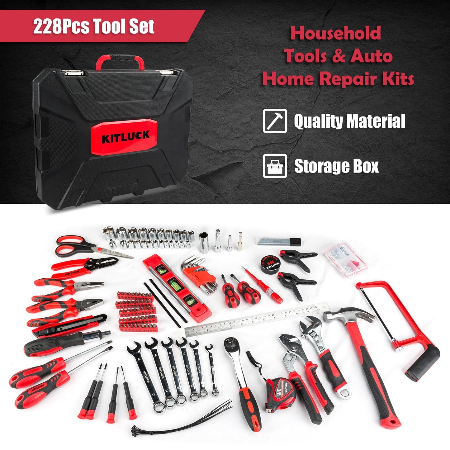 KITLUCK 228-piece Home Tool Kit, Household Hand Repair Tool Set for men, Portable Tool box Set with Tools (Screwdriver, Wrench, Plier, Socket, Harmer, Hex Key, Rule, Saw, Knife, etc.) for Home and Car