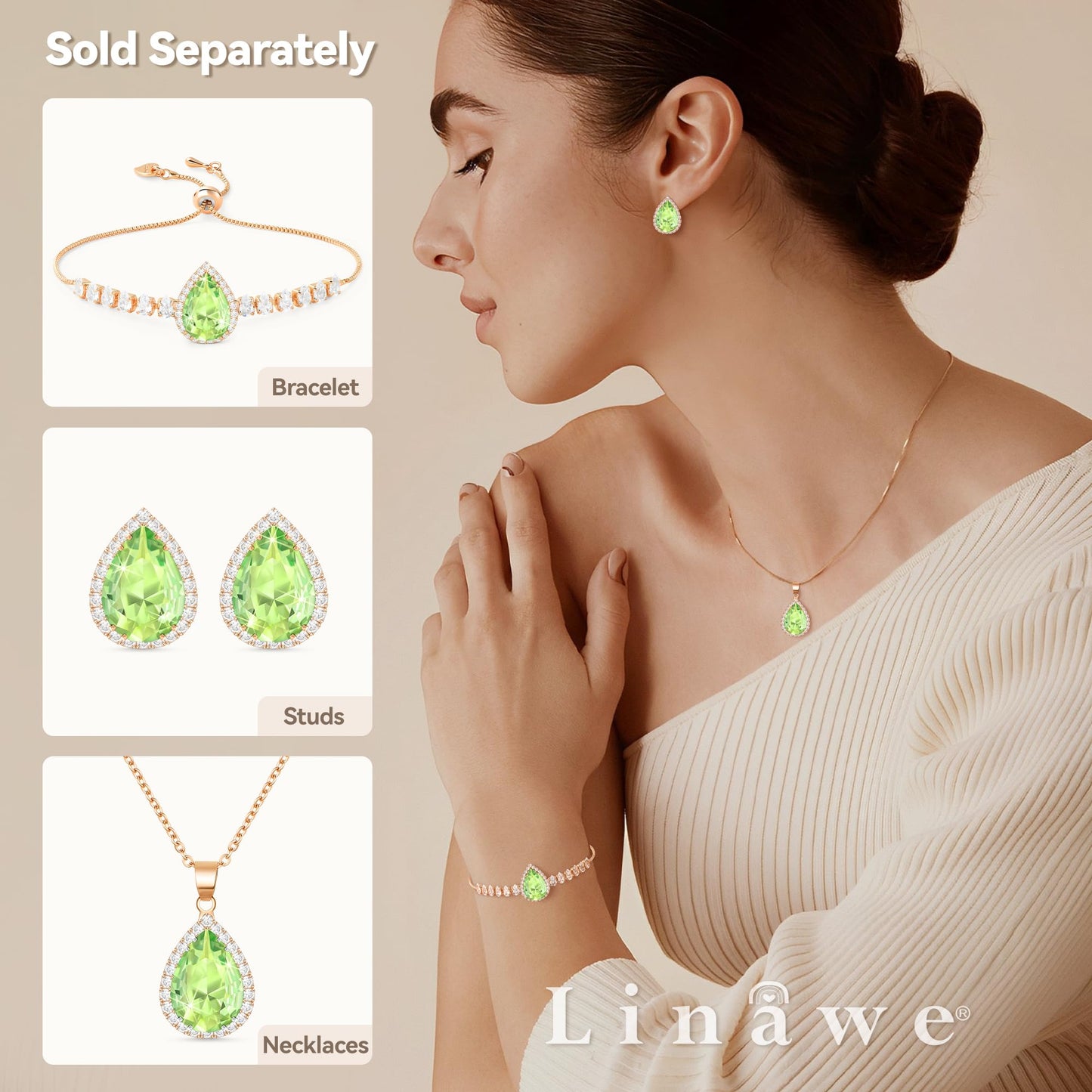 Linawe Green Imitation Diamond Morganite Stud Earrings for Women, Cubic Zirconia Rhinestone Crystal Iridescent Teardrop Earrings Studs Rose Gold, Wedding Bridal Bridesmaid Earrings