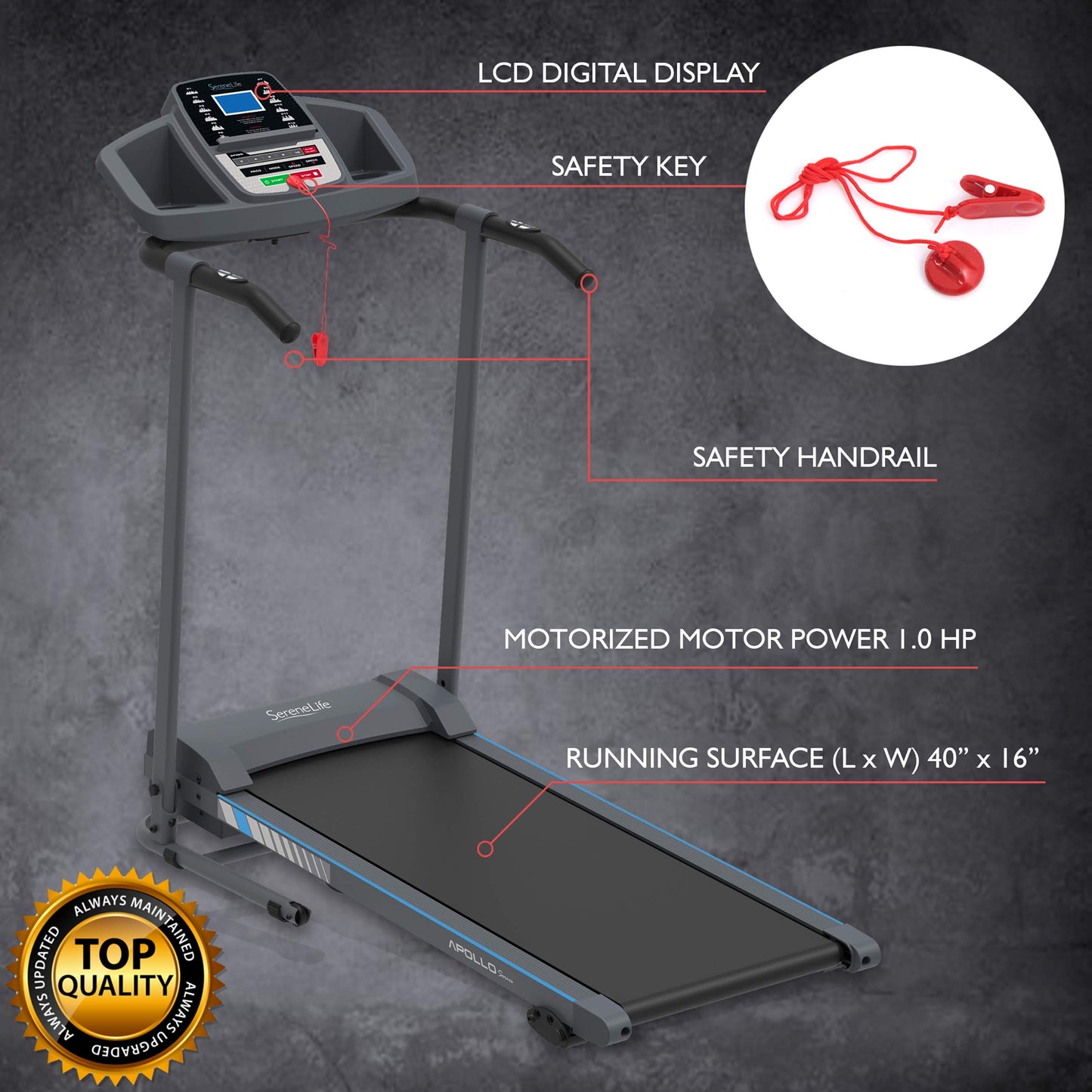 SereneLife Electric Folding Treadmill Exercise Machine - Smart Compact Digital Fitness Treadmill Workout Trainer w/Bluetooth App Sync, Manual Incline Adjustment, for Walking, Running, Gym - SereneLife