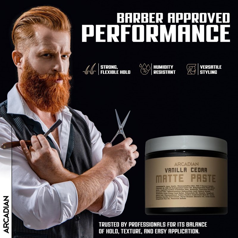Arcadian Grooming Vanilla Cedar Matte Paste Mens Hair Styling Cream Heavy Hold Vegan Cruelty Free, 4oz