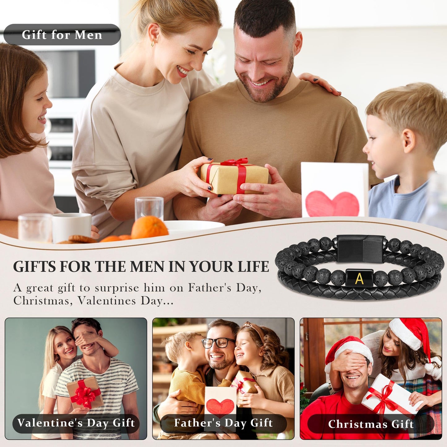 Leather Bracelets for Men with Initial - Men Gifts Lava Rock Bead Magnetic Clasp Gift for Husband Black Mens Leather Bracelets Men's Initial E Bracelet for Men's Jewelry Mens Gifts for Dad Husband