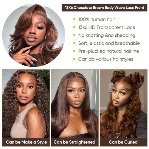 Kesenmu Chocolate Brown Lace Front Wig - 13x6 HD Body Wave, Pre Plucked with Baby Hair, 180% Density, Glueless Brown HD Frontal Wig, 20 inch
