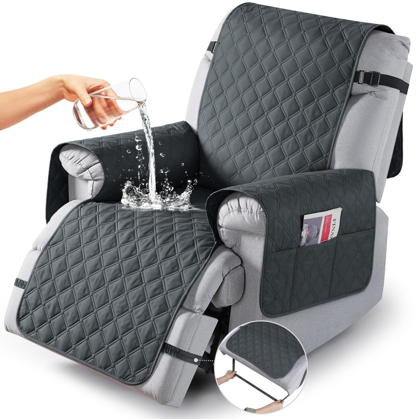 TAOCOCO 100% Waterproof Recliner Covers, Recliner Sofa Covers with Leg Straps, Reversible Recliner Couch Cover for Reclining Chair, Washable Couch Protector for Pets Kids(1 Seater 22", Dark Gray)