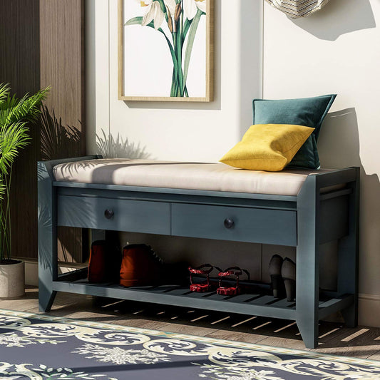Acosure 42″ Storage Bench with 2 Drawers and 2 Cabinets，Multipurpose Entryway Shoe Rack W/Removable Cushion，for Living Room Hallway Porch,White