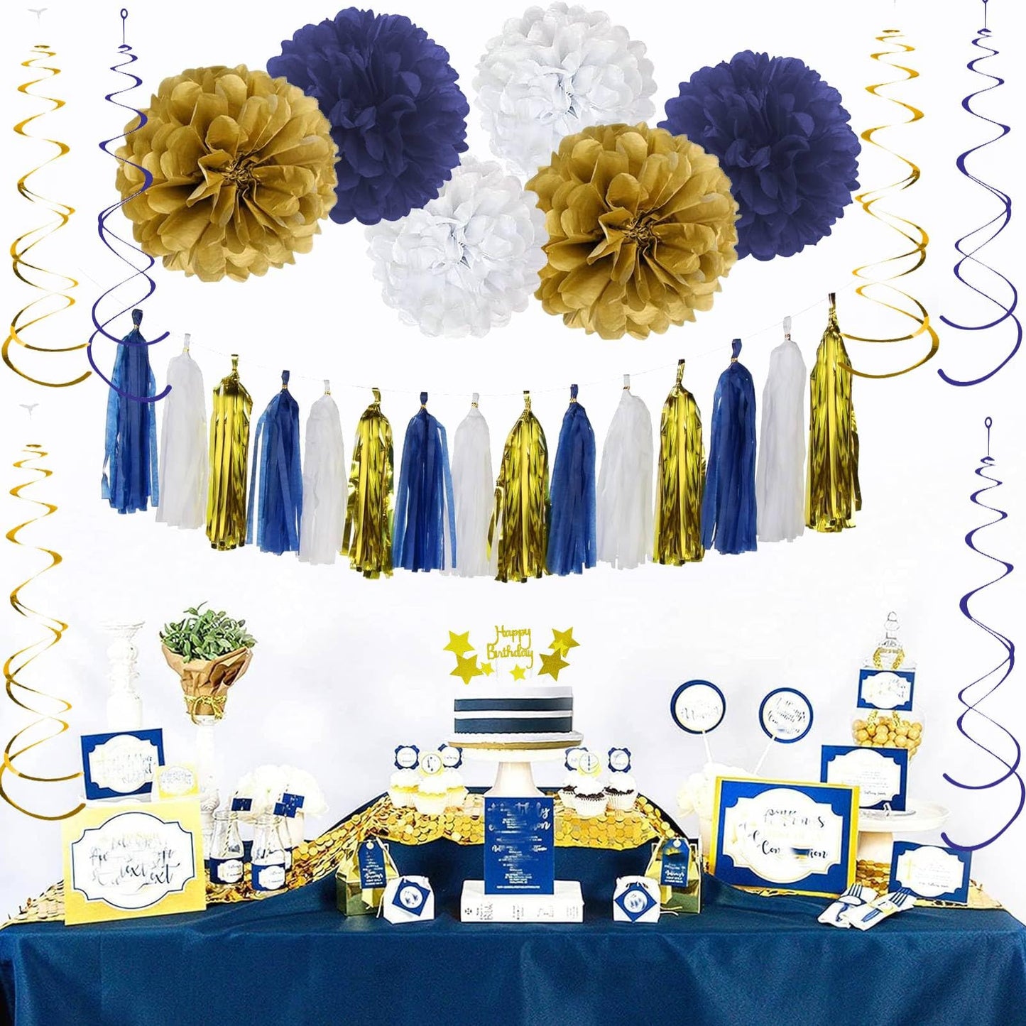 YGYXMY Birthday Decorations for Men, Navy Blue and Gold Party Decorations Set - Happy Birthday Banner, Balloons, Tissue Pompoms, Swirls, Tassels Garland