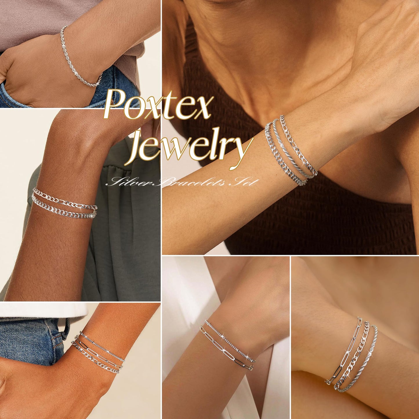 Poxtex Silver Bracelets for Women, Dainty Sterling Silver Bracelets for Women Trendy, Silver Stackable Bracelets Waterproof Jewelry for Women, Classic & Simple Bracelet Set with Cuban Paperclip Figaro