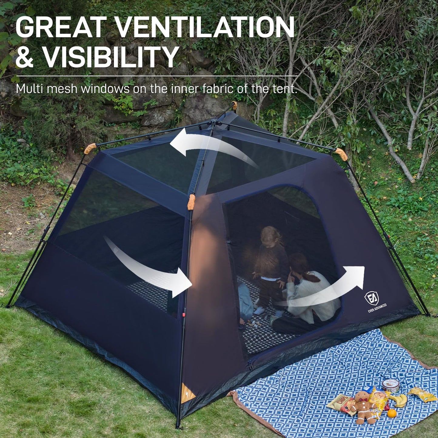 EVER ADVANCED Blackout Design 6 Person Camping Tent, Instant Cabin Tent for Family with Vestibule and Large Mesh Windows, 60s Easy Setup, Double Layer, Water-Resistant, Orange&Black