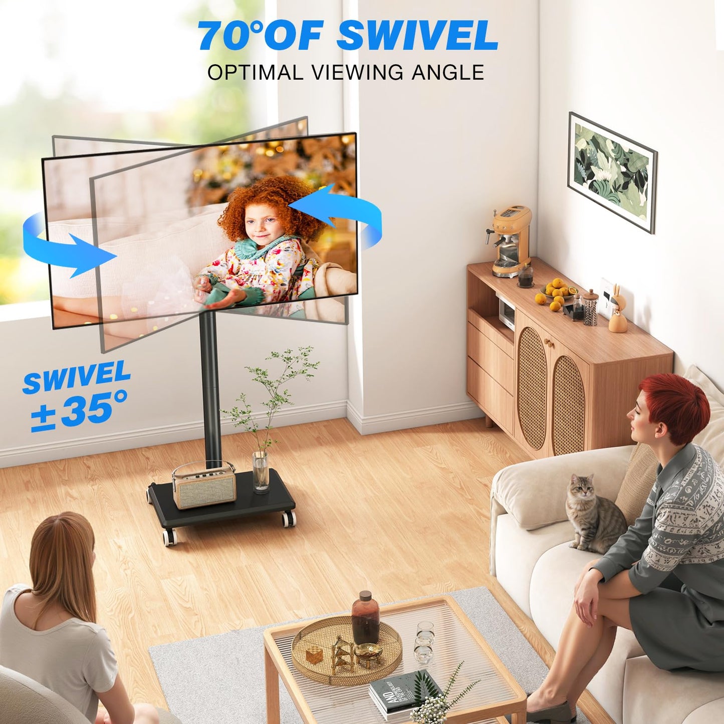 Rfiver Rolling TV Stand for 32 to 55 60 Inch TVs up to 88lbs, Height Adjustable Mobile TV Stand with Wood Base, Space-Saving Design Tall TV Cart Floor Stands for Living Room, Bedroom, Corner