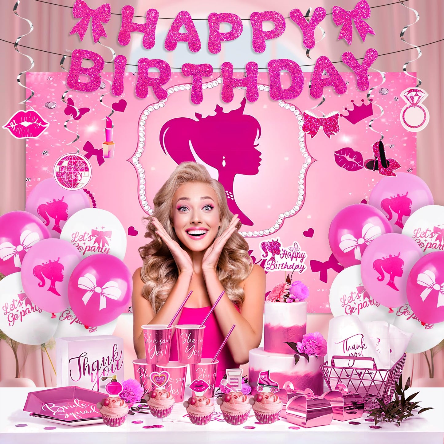 Hot Pink Birthday Party Decorations Supplies, with Pink Glitter Happy Birthday Banner, Backdrop, Balloons, Hanging Swirls, Cake & Cupcake Toppers for Kids, Girls and Women