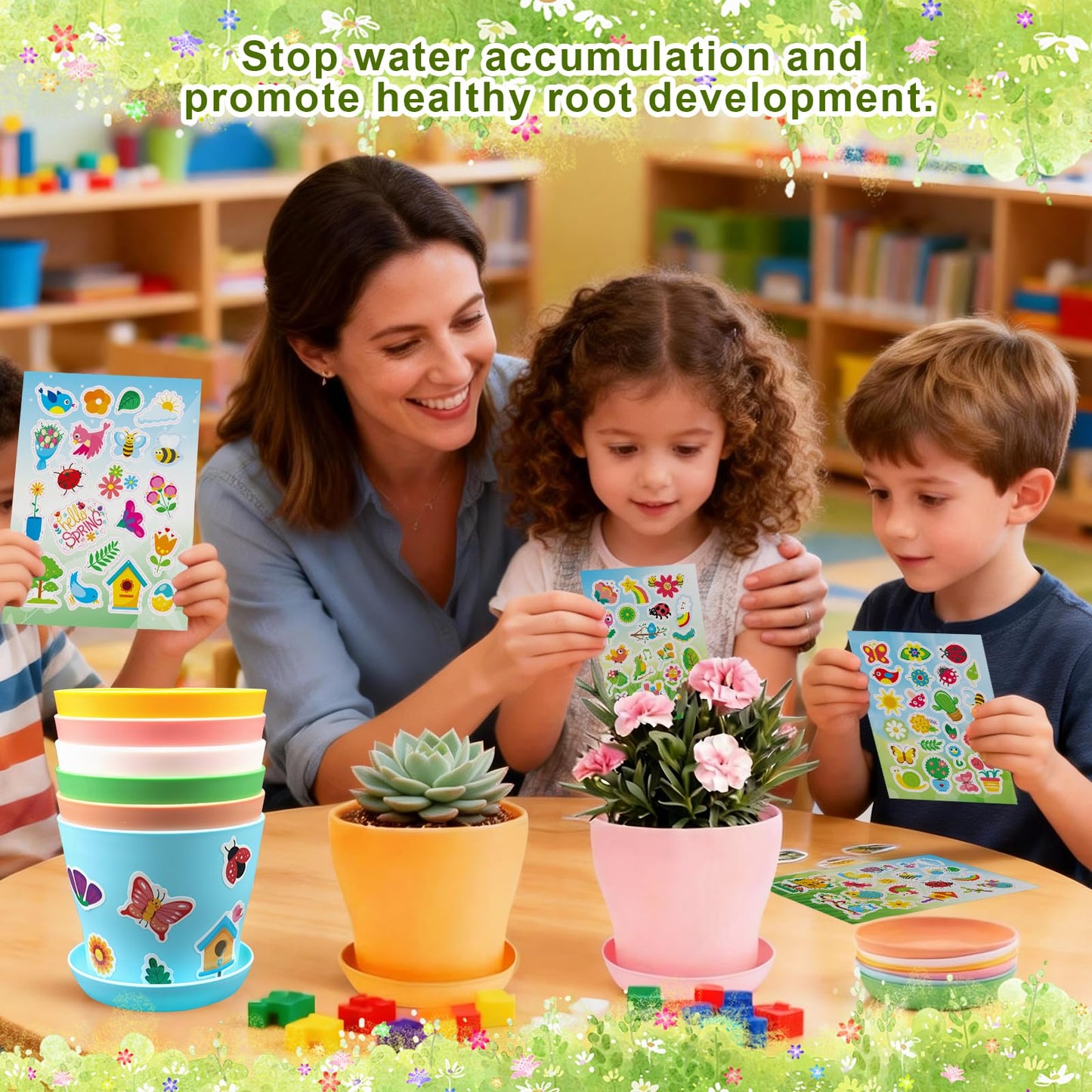 Adboros Garden Paper Pot Craft Kit, 36 Durable Resin Garden Pot with Tray Drainage Holes Adhesive Stickers and 40 Colorful Writable Cards, Flower Plant Spring Craft for Classroom DIY Flower Planting