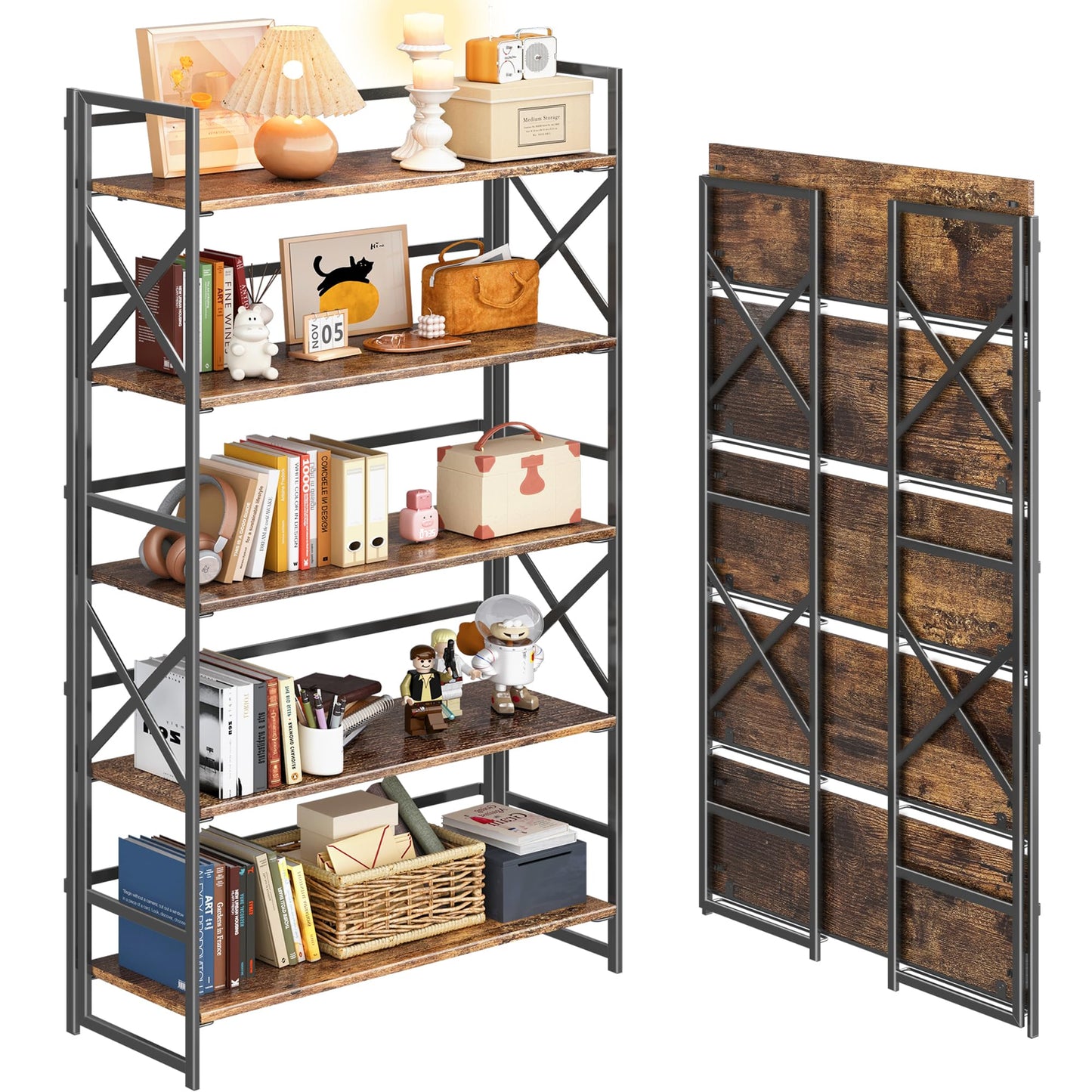 4NM Extra Wide 5 Tiers No Assembly Book Shelves, 51.2" H Folding Bookshelf Bookcase Open Industrial Foldable Shelves for Bedroom, Living Room, Home Office - Rustic Brown Black