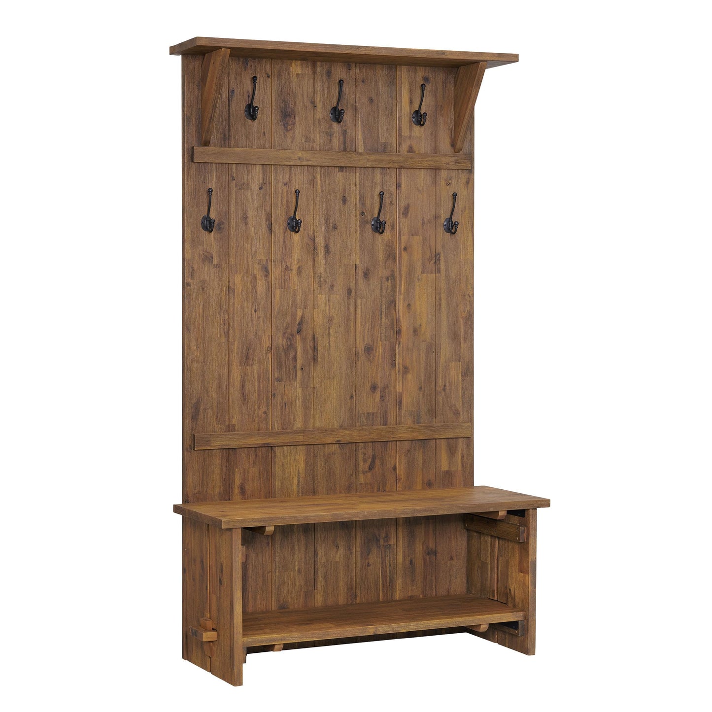 Alaterre Furniture Bethel Hall Tree with Bench – Rustic 70-Inch Entryway Organizer with 7 Metal Double Coat Hooks, Solid Wood Bench and Storage Shelves for Mudroom or Hallway (Natural Aged Brown)