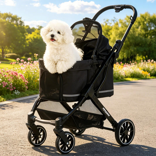 797Audio Dog Stroller for Small Medium Dogs,Pet Stroller for Cats Puppy Up to 121lbs,Foldable,One Click Folding,4 Wheel Shock Absorption,Adjustable Canopy with Sun Shades,Removable Washable Pad(Black)