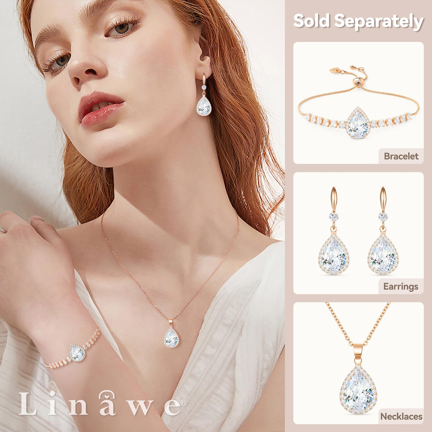 Linawe Crystal Chain Necklace for Women Rose Gold, Dainty Imitation Diamond Pendant Moonstone Moissanite Necklace, Cubic Zirconia Wedding Bride Teardrop Necklace Set