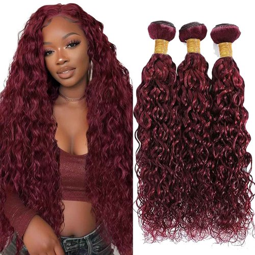 Fabimiya Human Hair Bundles Burgundy 99J Water Wave 22 24 26 Inch Bundles Human Hair 100% Unprocessed Burgundy Soft Sewn In Hair with Double Weft for Black Women