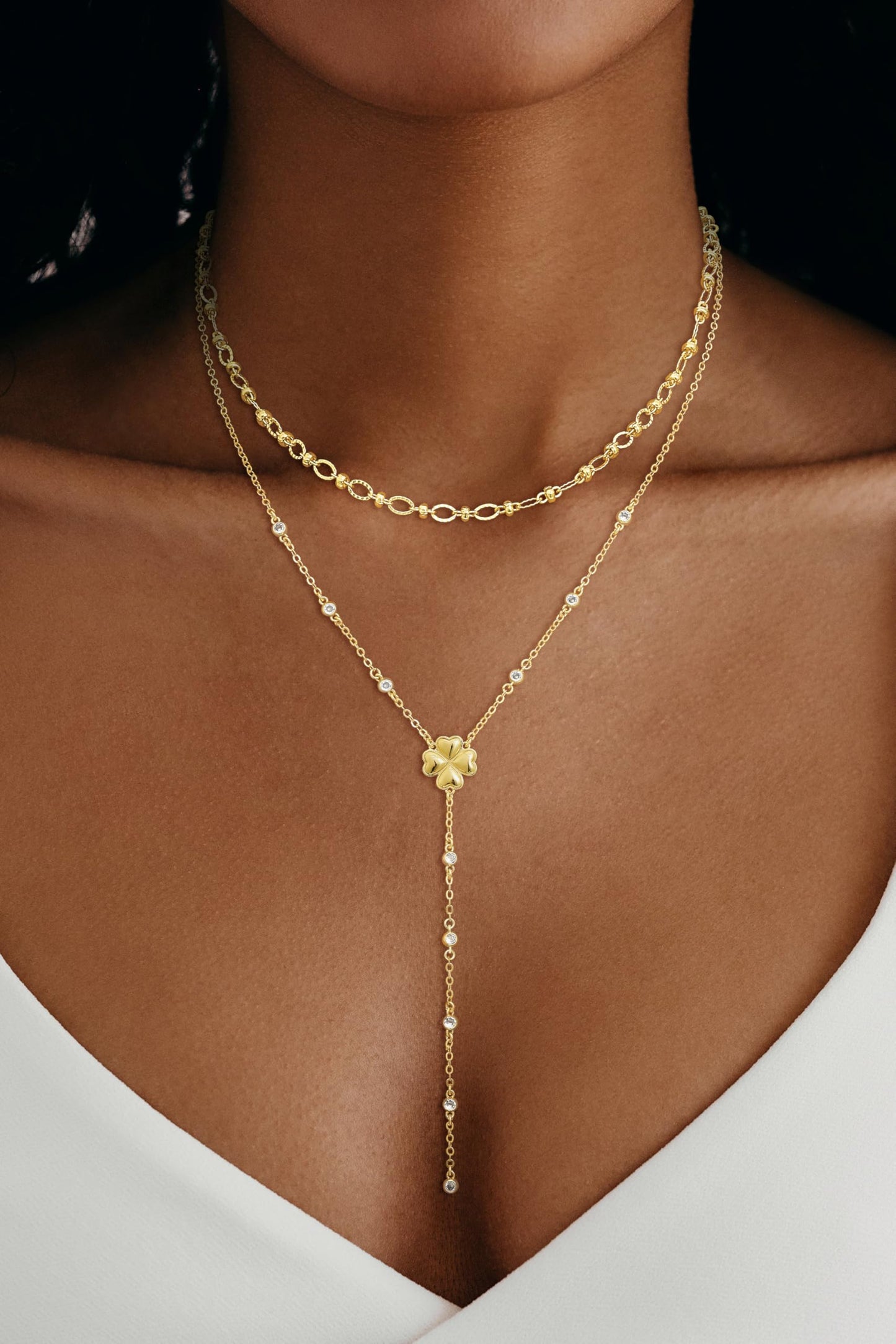 CHESKY Lariat Gold Necklace for Women, Dainty Long Necklace 14k Gold Plated Y-Shaped Pendant Necklace Trendy Paperclip Chain Four Leaf Drop Necklaces Simple Gold Jewelry for Women Gifts