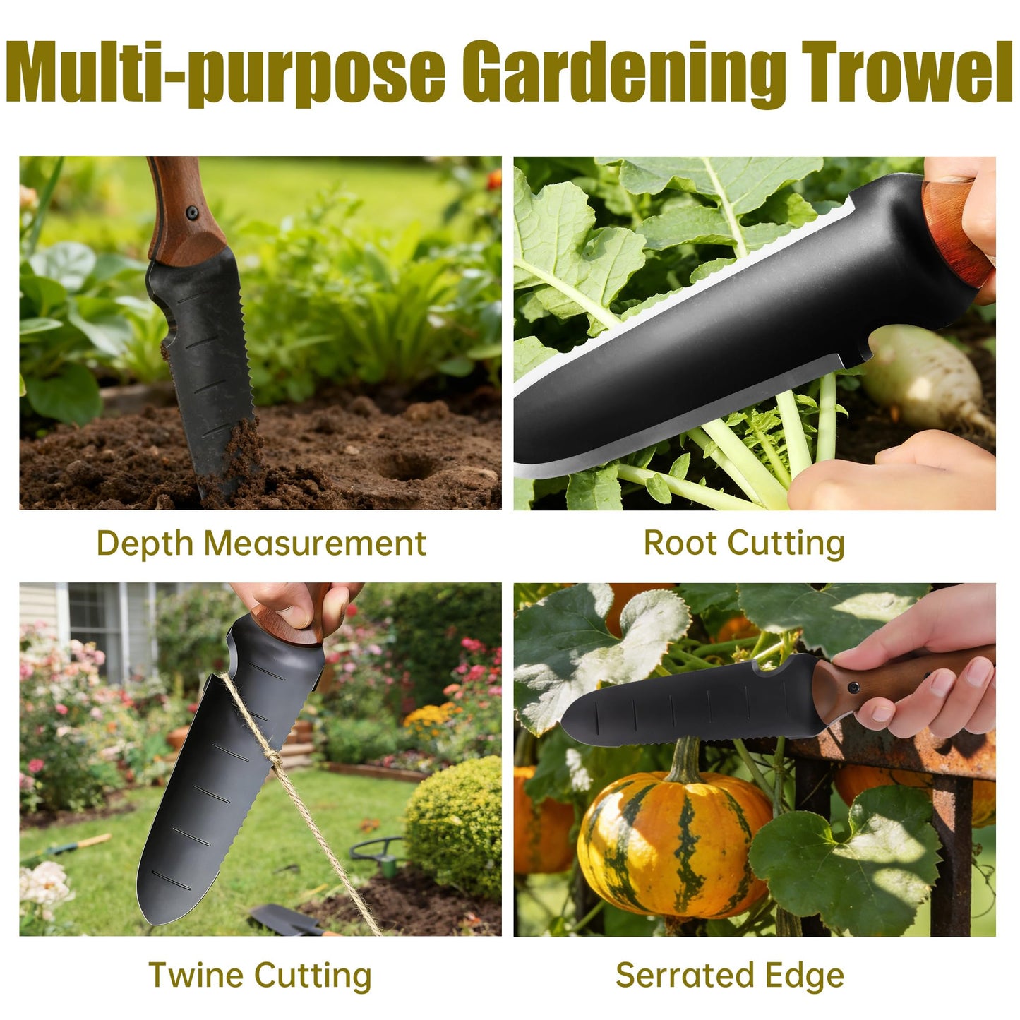 Troispot 12-Inch Garden Trowel with Full-Tang Wooden Handle & Black Stainless Steel Blade, Durable Tool for Digging, Weeding, Planting, Includes Knitted Storage Bag