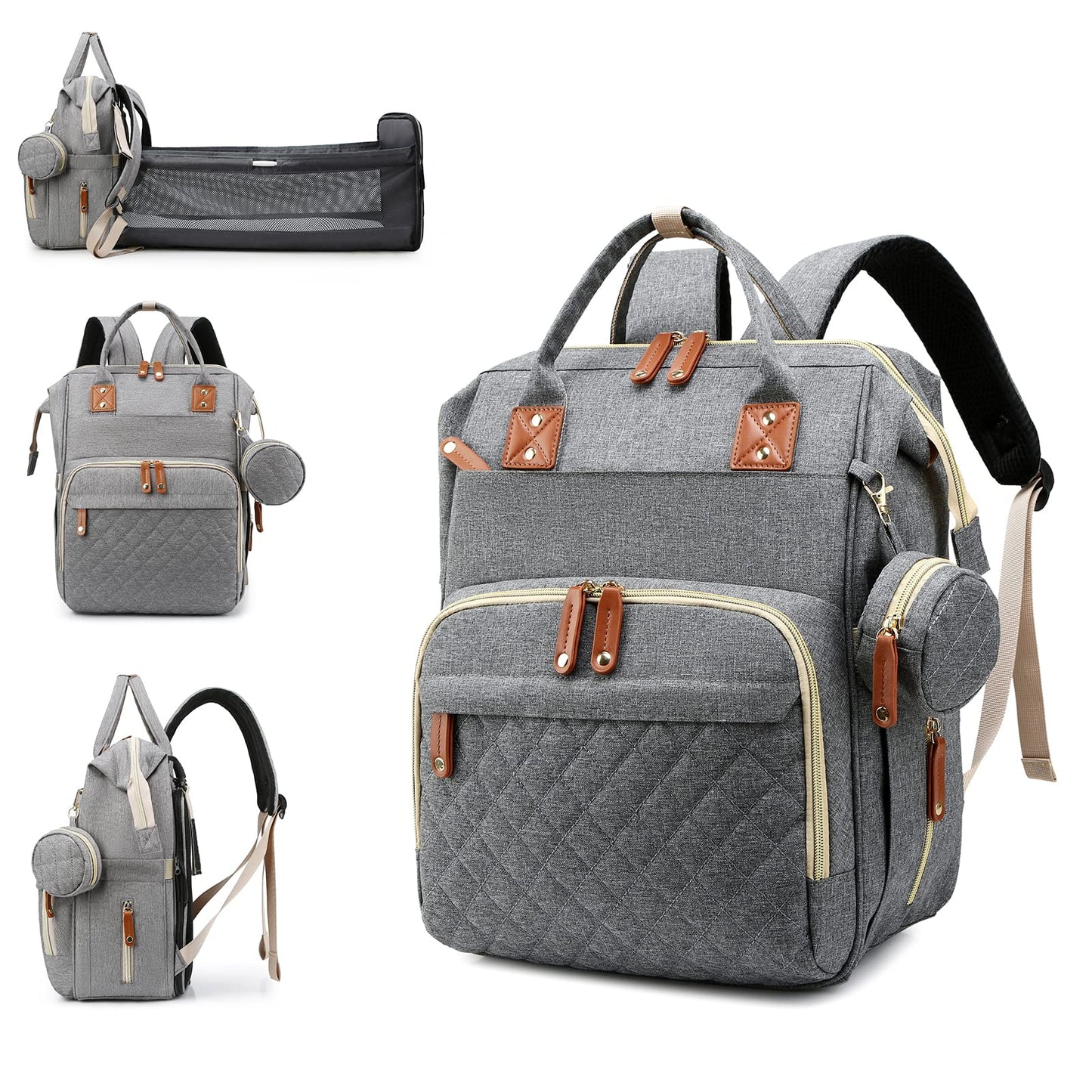 Lamroro Diaper Bag with Changing Station, Waterproof 3 in 1 Baby Diaper Backpack with Foldable Changing Pad, Large Travel Back Pack for Baby Girl Boy, Grey