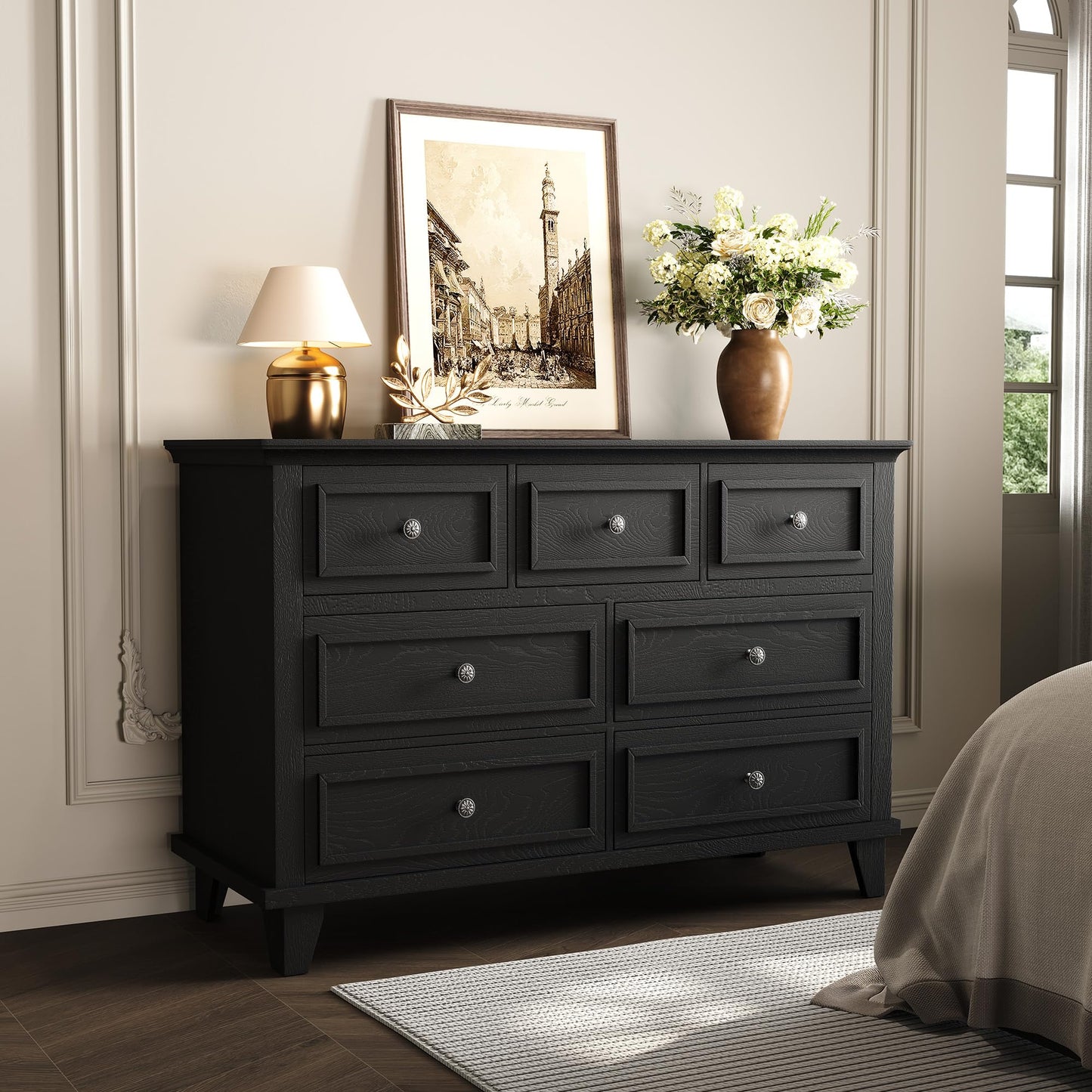 IDEALHOUSE 7 Drawer Dresser, Large Wooden Storage Chest of Drawers with Exquisite Metal Handles, 47" Wide Dresser TV Stand, Drawer Organizer for Bedroom, Living Room, Hallway, Entryway, Black