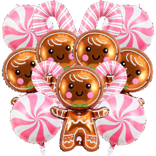 14 Pcs Christmas Balloons Decorations Gingerbread Man Balloons Pink Candy Cane Foil Balloon for Christmas Birthday Party Winter Themed Decorations