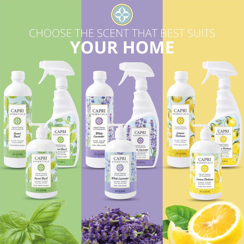 CAPRI ESSENTIALS Hand Soap Liquid, Natural Household Cleaning Supplies, Gentle Plant Based Aromatic Hand Wash, Blend of Essential Oils, Removes Dirt & Grime, Lemon Verbena Scent, 16 FL Oz (6 Pack)