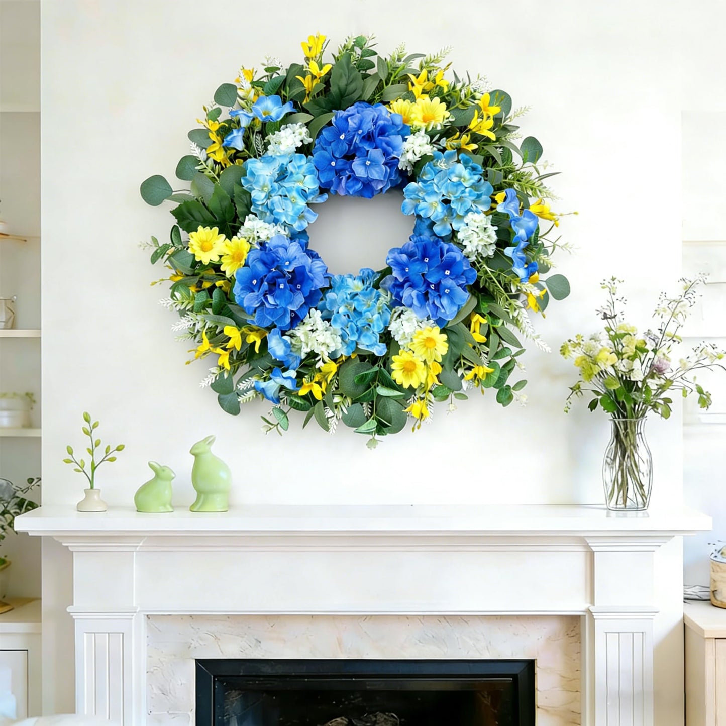 26 Inch Spring Wreaths for Front Door Outside Large Artificial Summer Wreath Silk Hydrangea Wreath with Yellow Daisy and Eucalyptus Leaves Indoor Outdoor Porch Rustic Farmhouse Home Wall Wedding Decor
