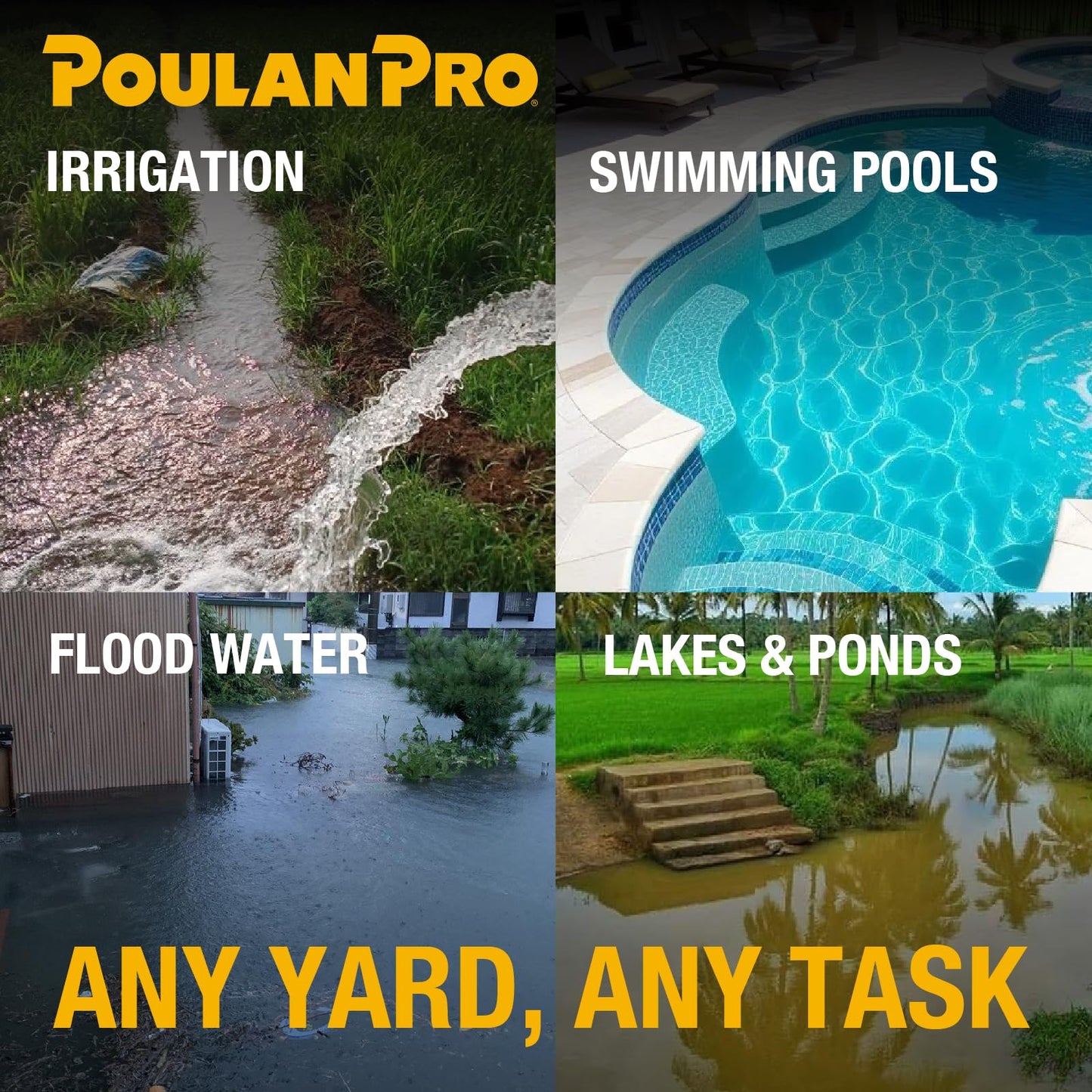 Poulan Pro Semi Trash Pump 2-Inch with Hose Kit, 50ft Discharge Hose, 12ft Suction Hose, 100ft Lift, 23ft Suction Gas Powered Water Pump with Wheels & Handle for Pond, Sewage, and Pool