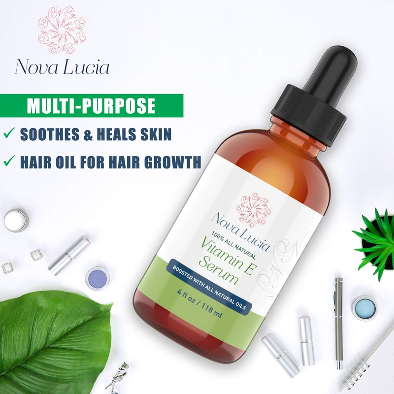 Nova Lucia Organic Vitamin E Oil – Pure Vitamin E for Skin, Face & Hair | Scar & Stretch Mark Treatment, Natural Moisturizer for Soft, Smooth, Hydrated Skin – 4 oz