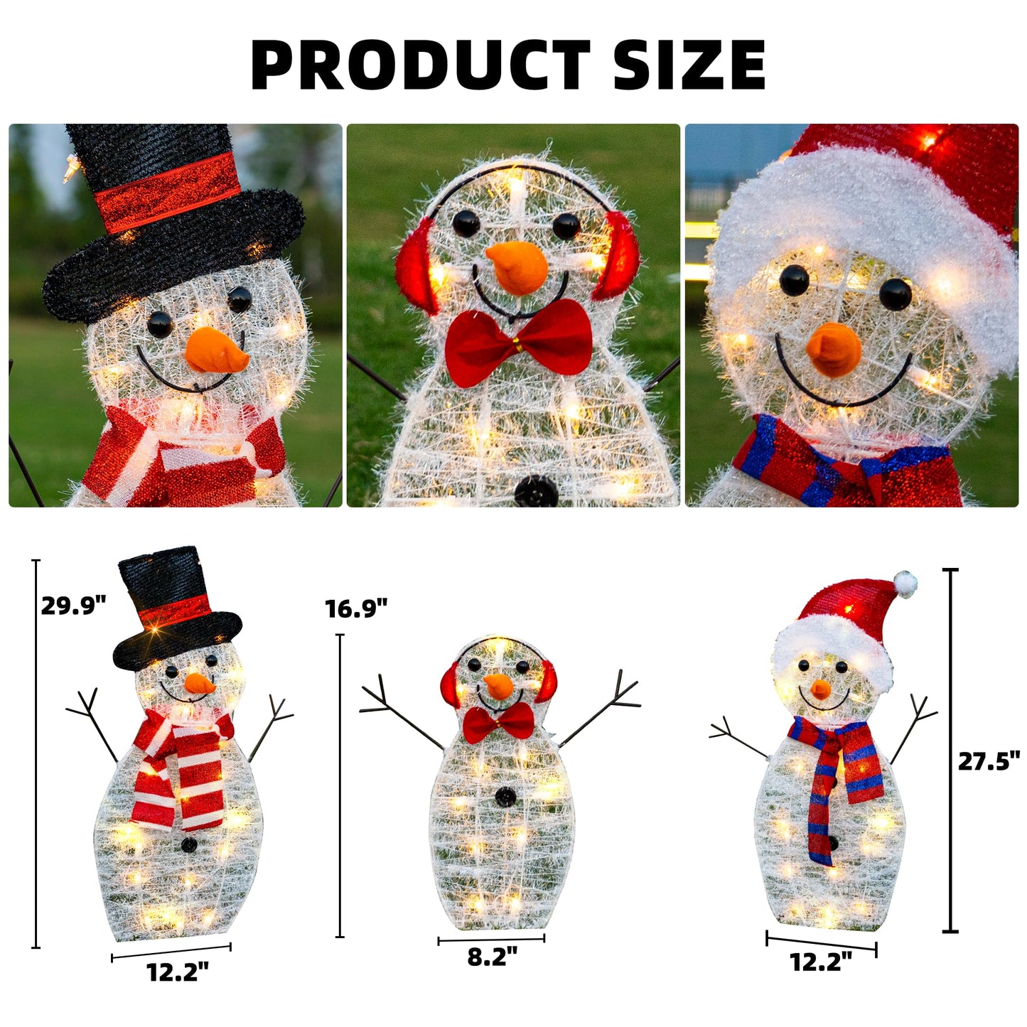 TW SHINE Lighted Christmas Snowman Outdoor Decoration, 3-Piece Pre-Lit 2D Snowman Family Set with 55 Warm White Lights, Christmas Yard Decorations for Patio Lawn Garden Decor, 29.9X12.2Inch-Large