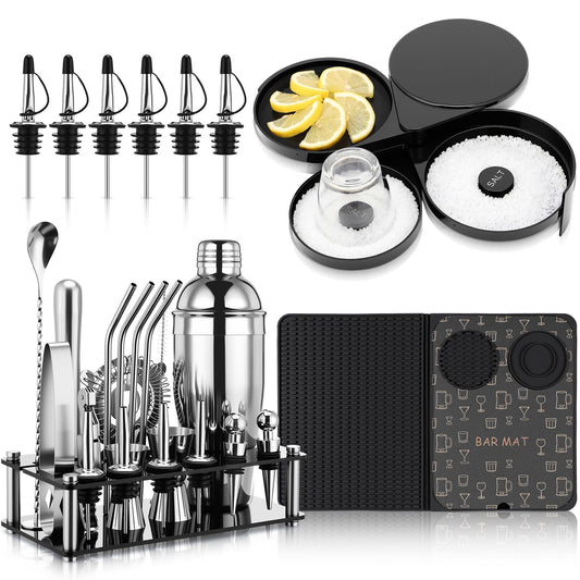 Acellegic 28 Pcs Cocktail Shaker Set and Bartender Kit with Stand, 18 x 12 Inch Folding Bar Mat with Cutting Board, 3 Tier Bar Glass Rimmer, Liquor Pour Spout Bartender Tool Gift for Home and Mixology