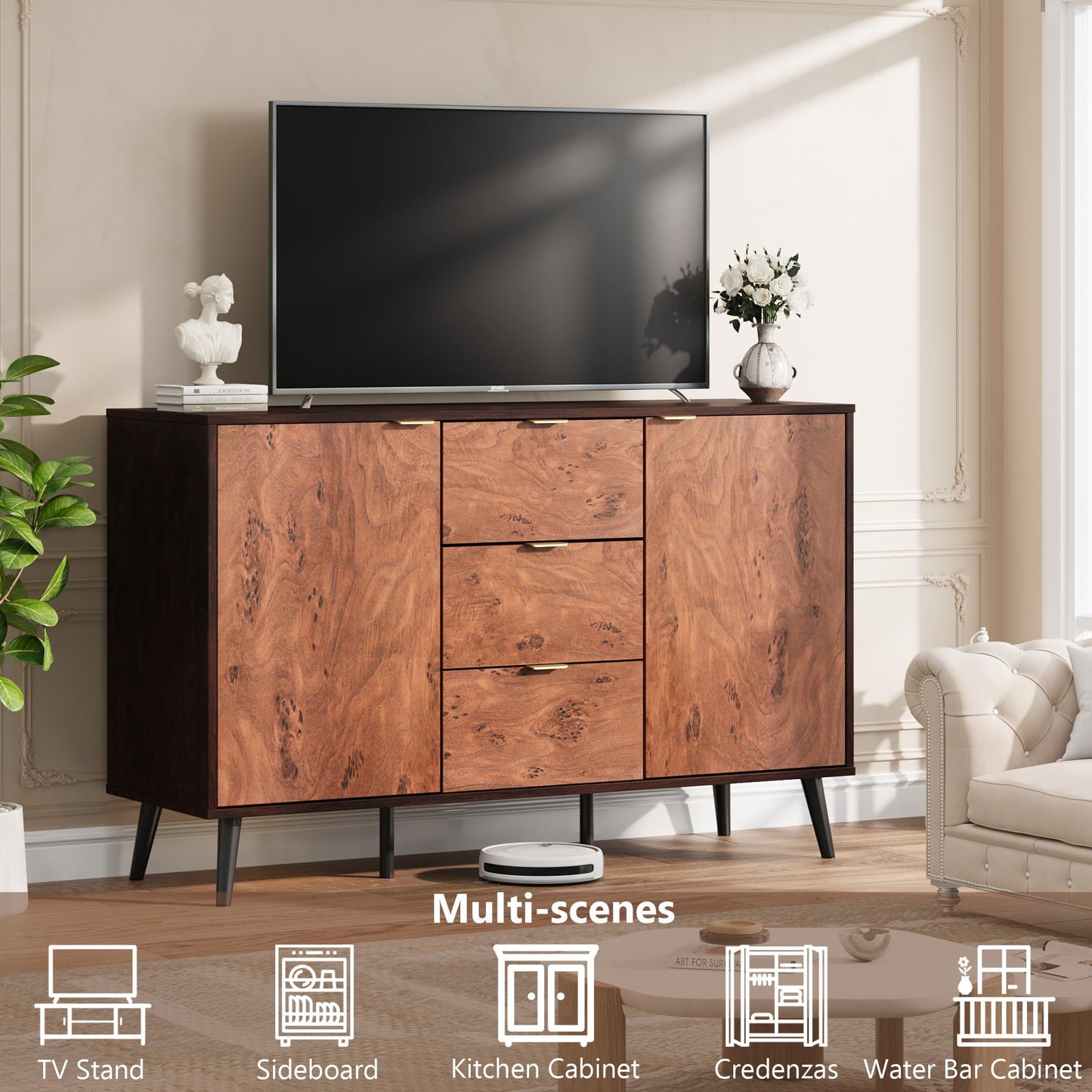 GarveeHome Buffet Cabinet with Drawers and Storage, 51.2 in Large Sideboard Buffet Credenza Storage Cabinet with Shelves and Doors, Walnut Buffet Cabinet for Dining Room, Entryway, Living Room