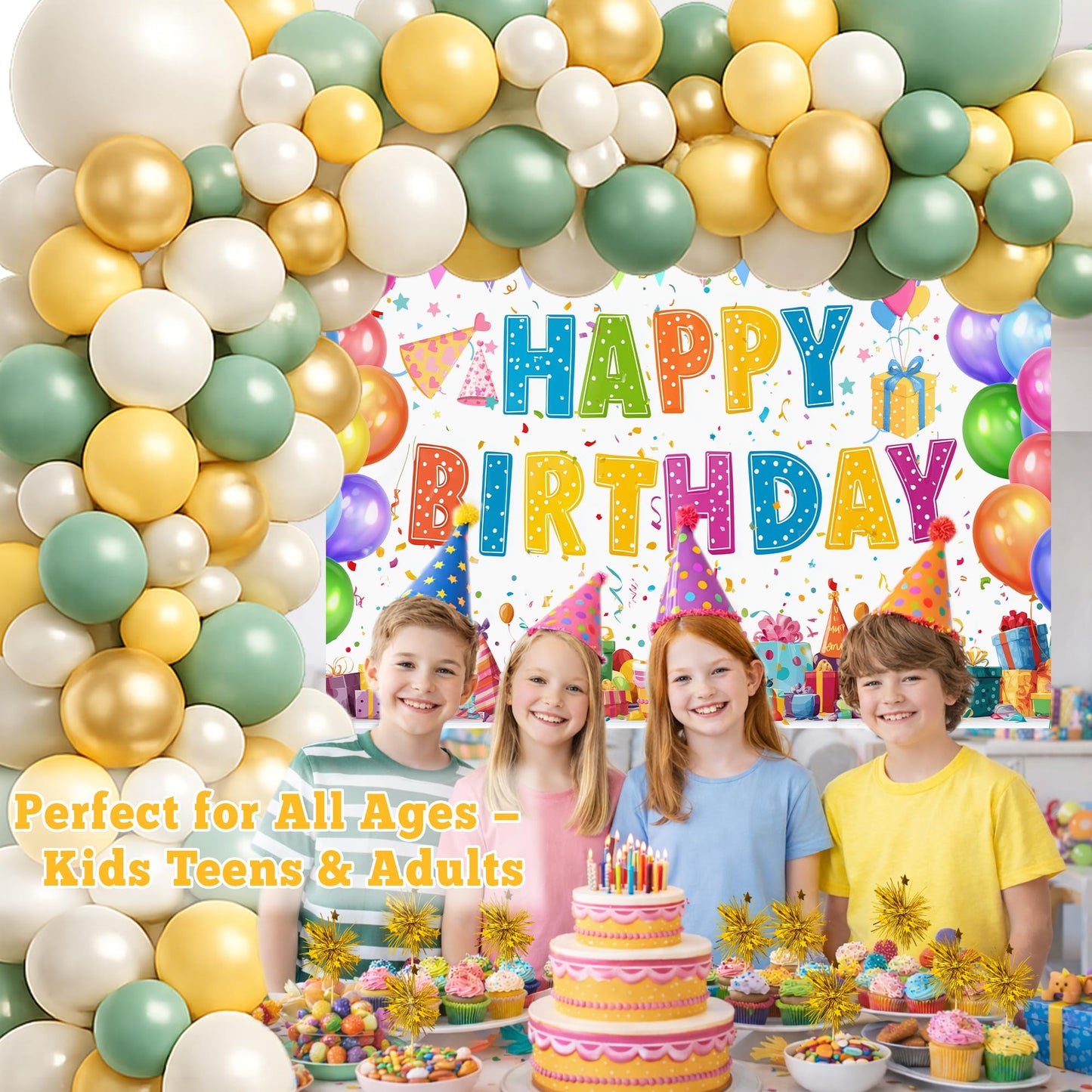 Sage Green and Gold Birthday Decorations Set for Men & Women, 131pcs Birthday Party Decor for Boys & Girls, Balloon Arch Kit, Backdrop, Cake Toppers, Happy Birthday Banner for Birthday Celebrations