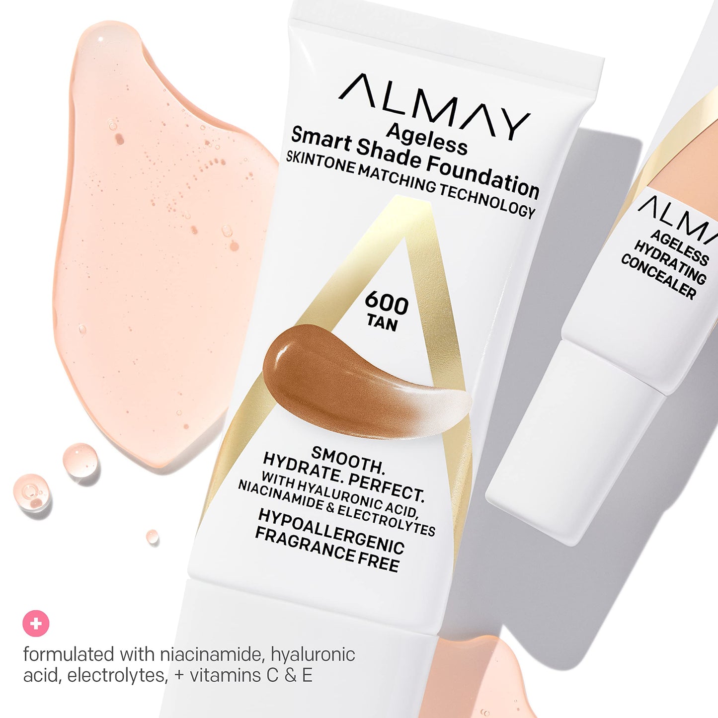Almay Anti-Aging Foundation, Smart Shade Face Makeup with Hyaluronic Acid, Niacinamide, Vitamin C & E, Hypoallergenic-Fragrance Free, 500 Golden, 1 Fl Oz (Pack of 2)