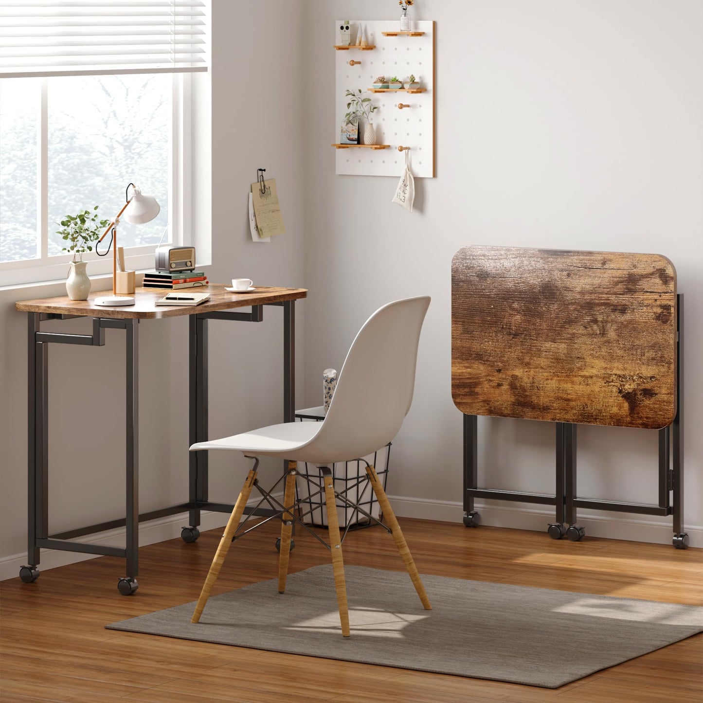 JSB Small Folding Computer Desk with Wheels Writing Modern Industrial Work Table Laptop for Home Office (Rustic & Brown, 23.6")