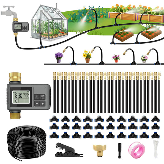 120 Ft Drip Irrigation System with Smart Water Timer – Automatic Garden Watering Kit with Solid Brass Metal Connectors, 360° Adjustable Nozzles & Bendable Tubing for Garden, Greenhouse & Lawn