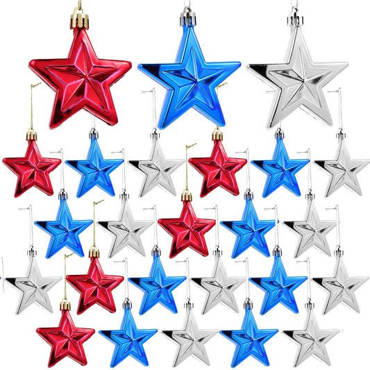 24pcs 4th of July Patriotic Star Ornaments for Tree - Independence Day Star Hanging Ornaments Blue Red Mini Tree Ornaments for Patriotic Independence Day Labor Day Christmas Decor