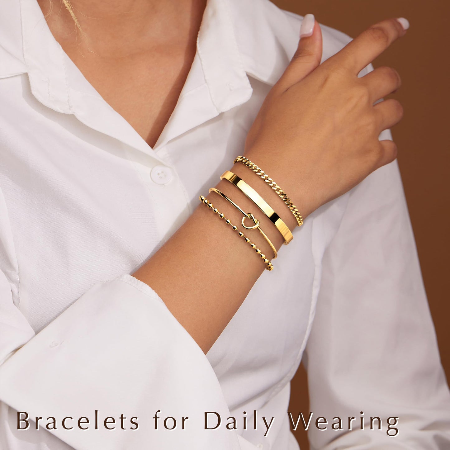 Gold Stack Bracelet for Women, 14k Gold Filled Bangle Cuff Bracelet Stack Dainty Jewelry for Women, Stretch Beaded, Love Knot Cuff, Cuban Chain