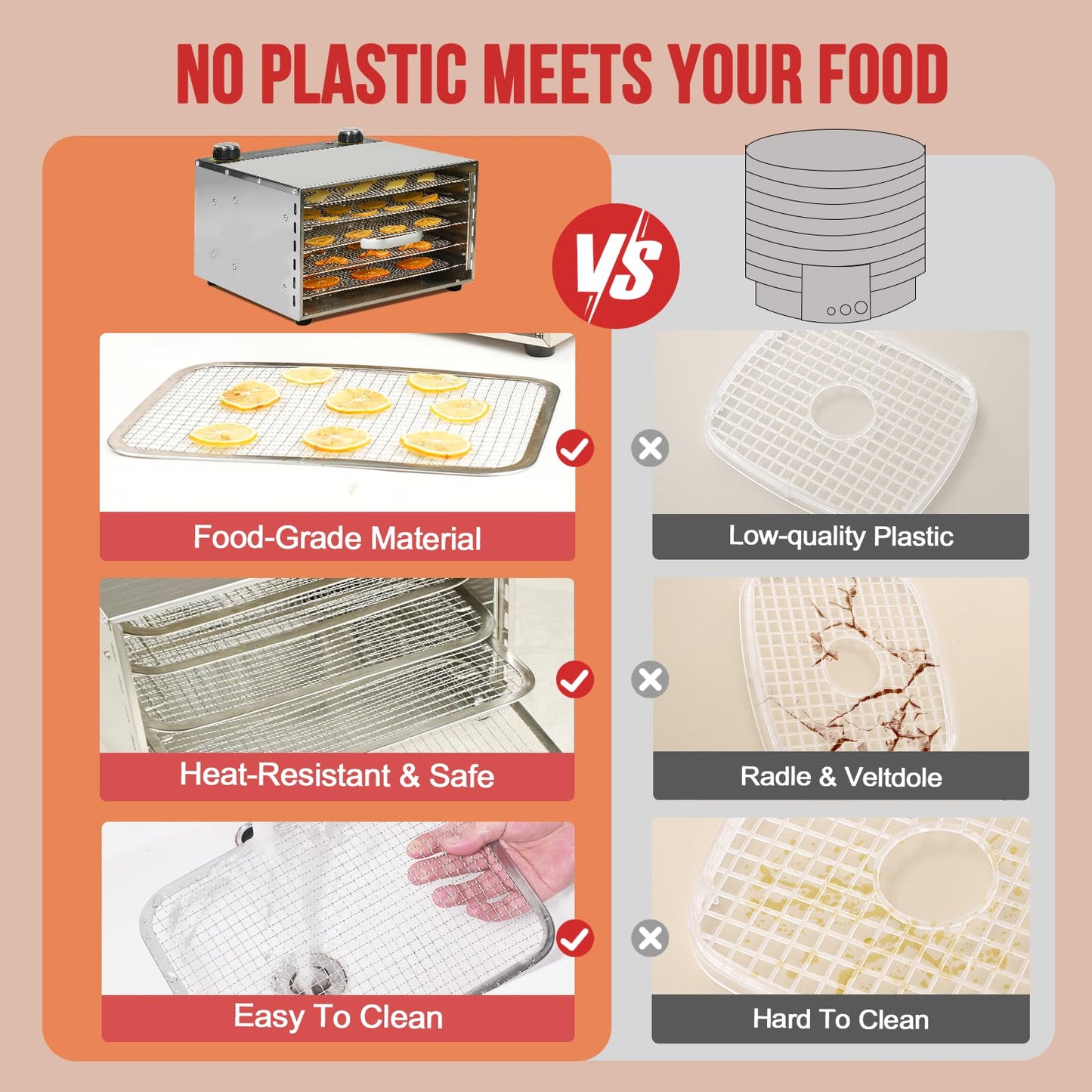 Food Dehydrator - 5 Stainless Steel Trays Dryer Machine with 194℉ Temperature Control & Adjustable Timer, 400W Meat Dehydrator for Jerky, Fruit, Veggies, Dog Treats, 50 Recipes Book Included