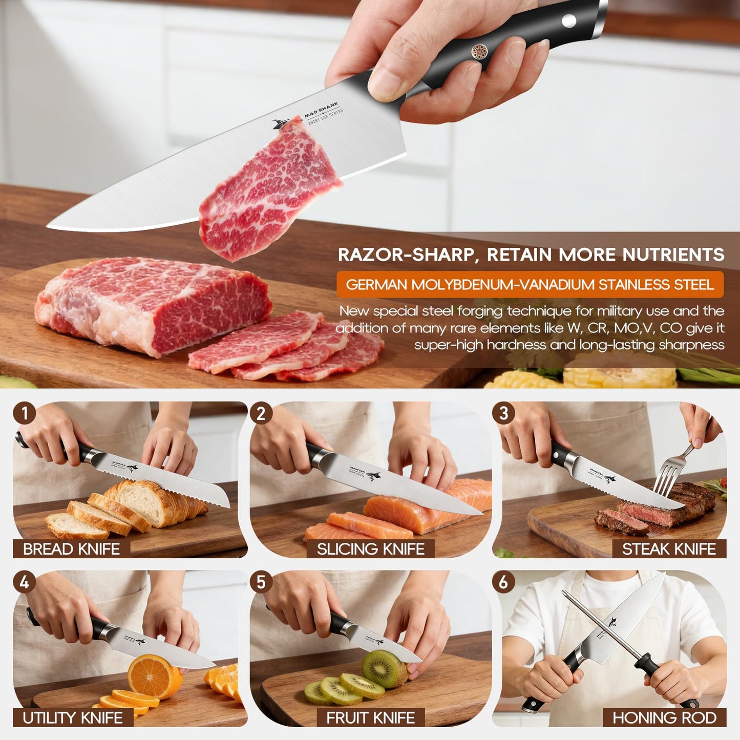 MAD SHARK 11-Piece Kitchen Knife Block Set with Sharpener Rod, Professional German High-Carbon Steel Chef Set,15° Ultra-Sharp Edge,Full-Tang Handle,Valentine Gift for husband Wife Friends