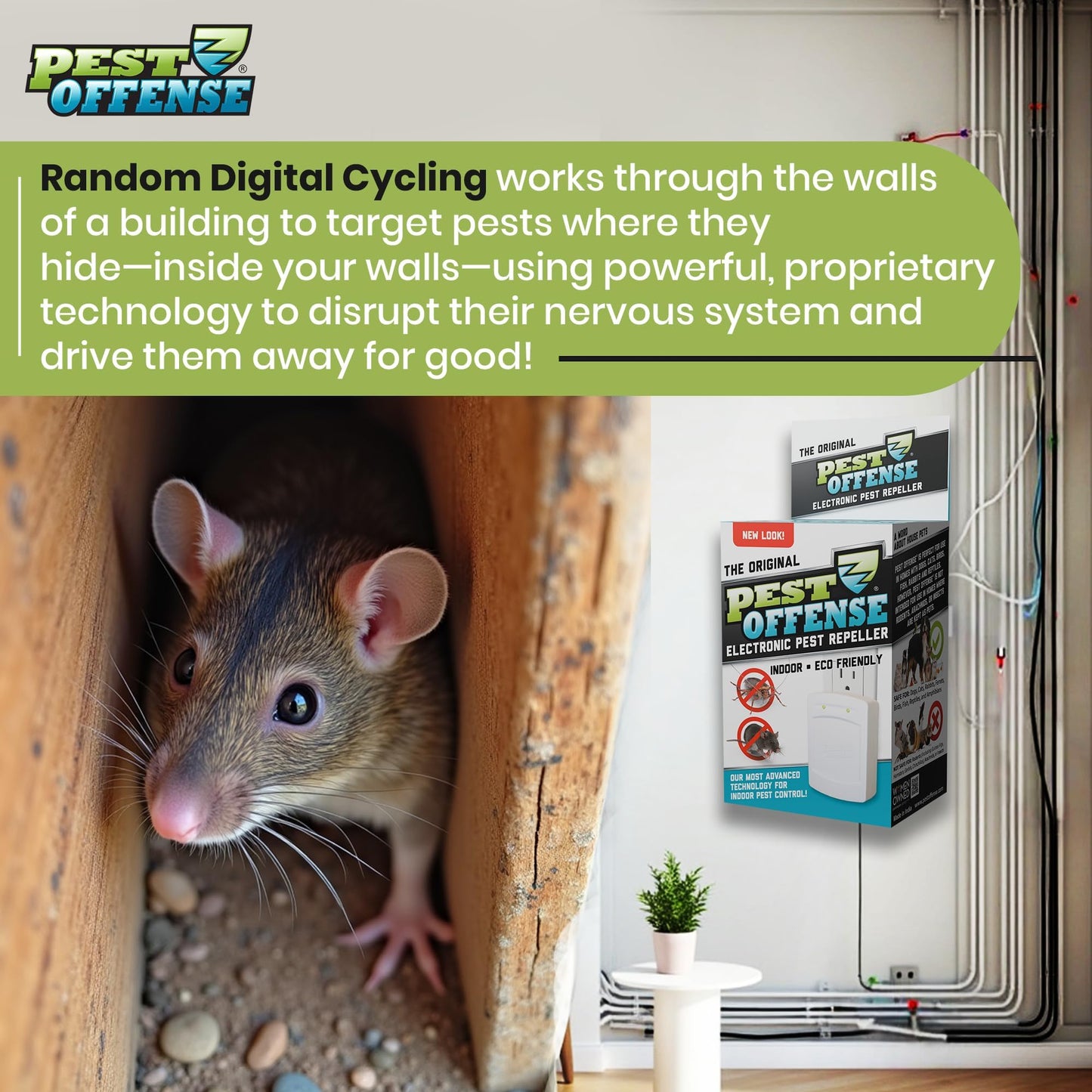 Upgraded PEST OFFENSE New Look Electronic Pest Repeller for Indoor Pest Control of Mice, Rats, Rodents, Roaches for Home, Office, Business, Garage, Warehouse