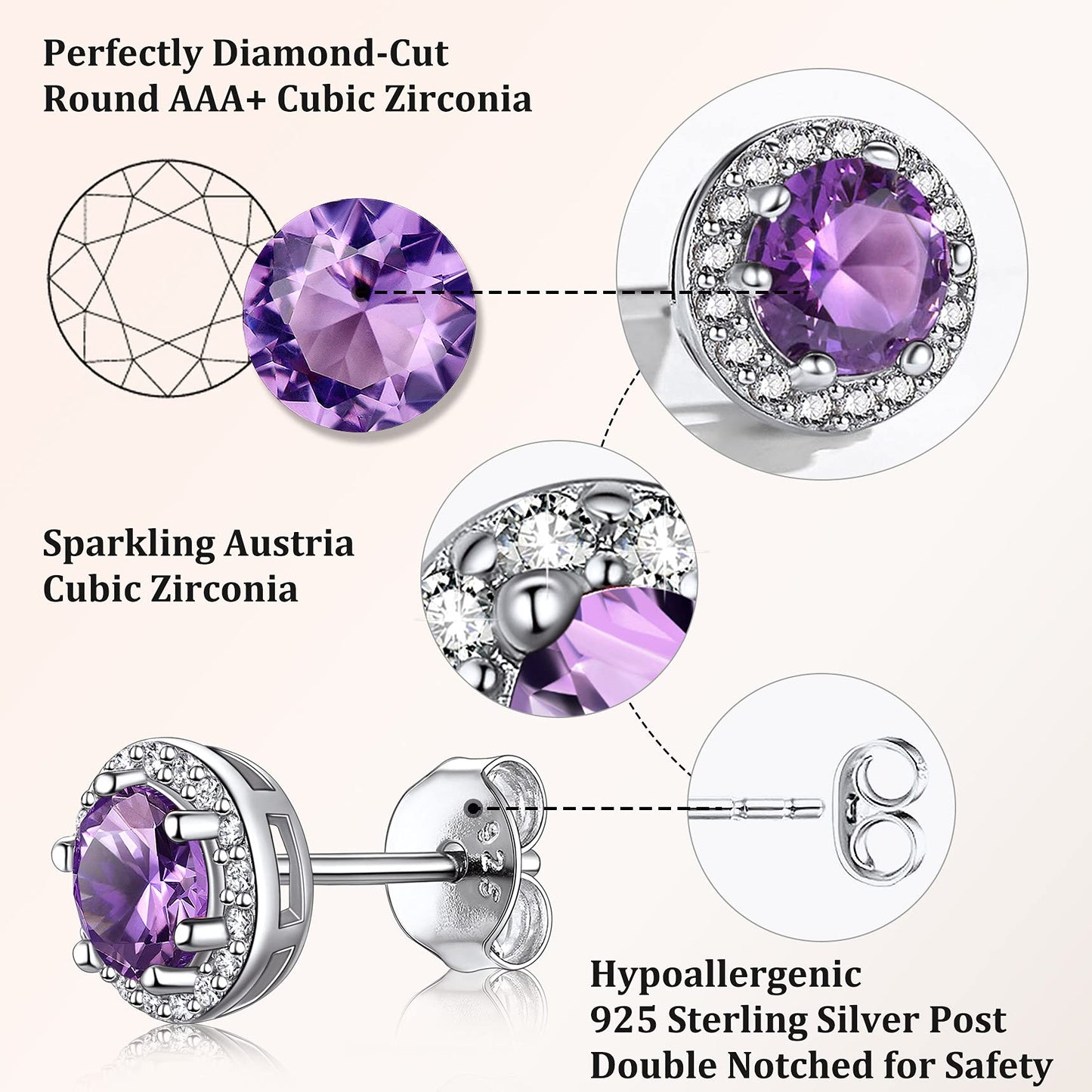 Bestyle 925 Sterling Silver CZ Created Round Diamond Studs | Classic Silver February Amethyst Birthstone Earrings for Women, Great Birthday Gift for Wife/Mom/Grandma