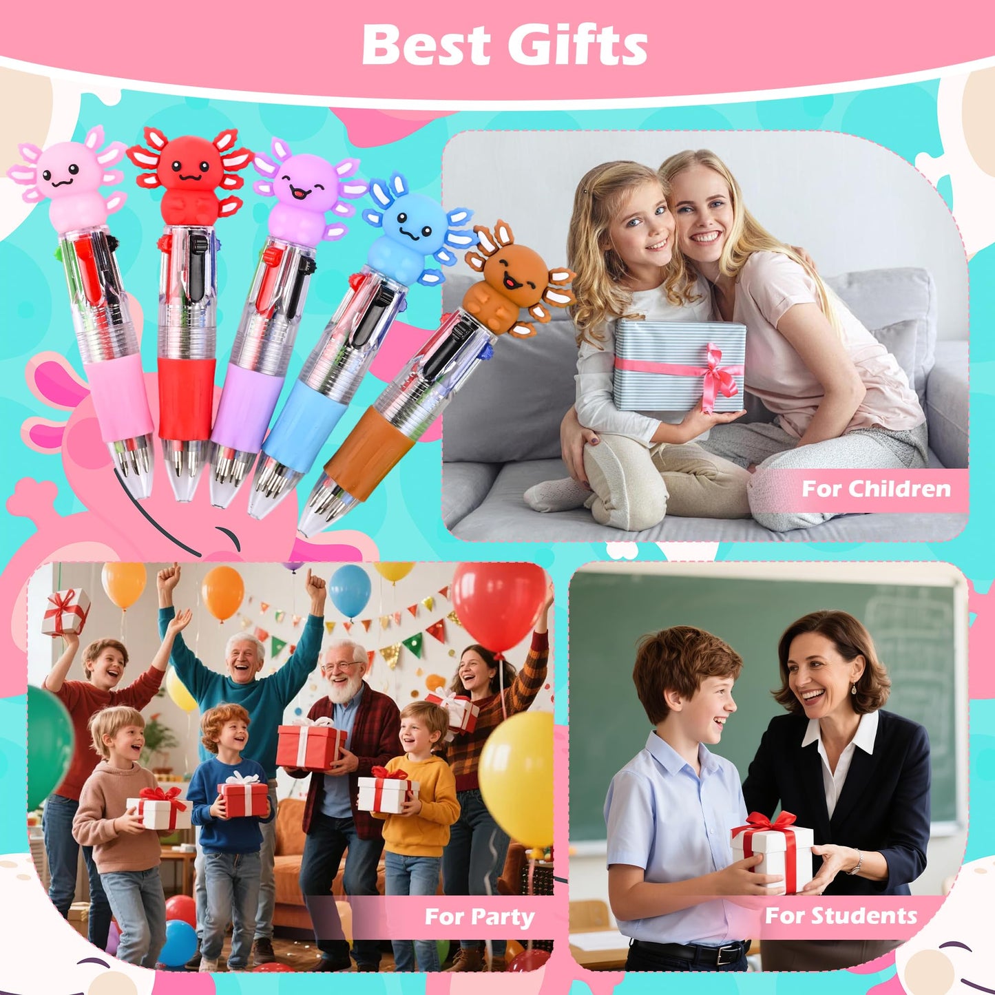 LiYiQ 50 Pcs Axolotl Party Favor Multicolor Pen in One Cartoon Cute Fun 4-in-1 Cute Pens Bulk Kawaii Axolotl Ballpoint Pens for Fun Gifts