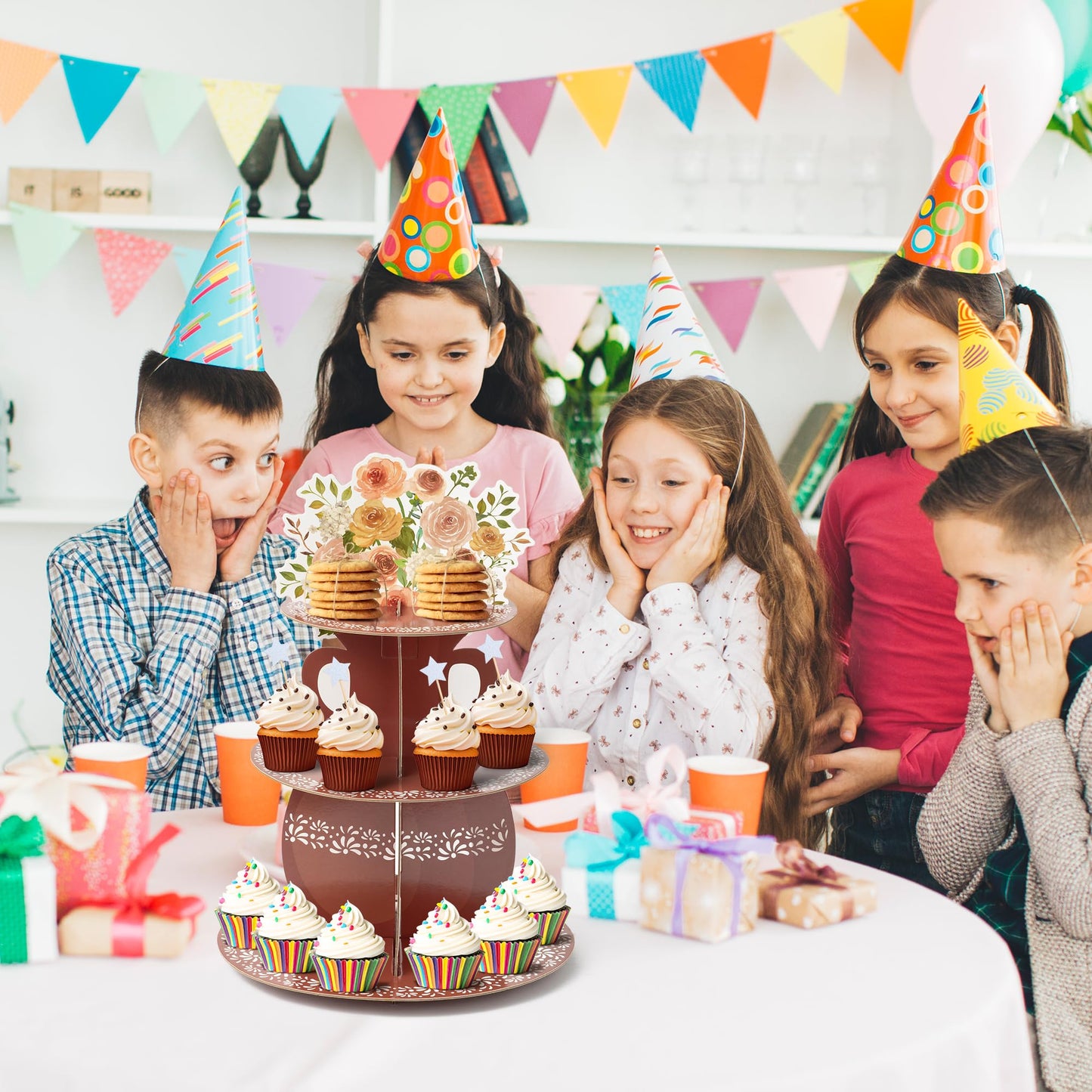ANGOLIO De Barro Mexicanos Cupcake Stand Party Supplies - 3 Tier Mexican Flower Birthday Cupcake Tower Taco Dessert Holder Display Party Decorations for Wedding Baby Shower Birthday Fiesta (Brown)
