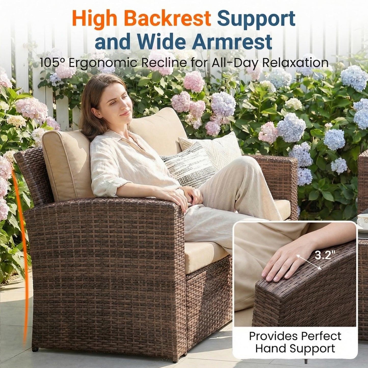 Wisteria Lane Patio Furniture Set, Wicker Outside Outdoor Furniture for All Weather, Patio Sofa with High Backrest Support and Wide Armrest for Backyard, Balcony, Deck, Porch, Brown
