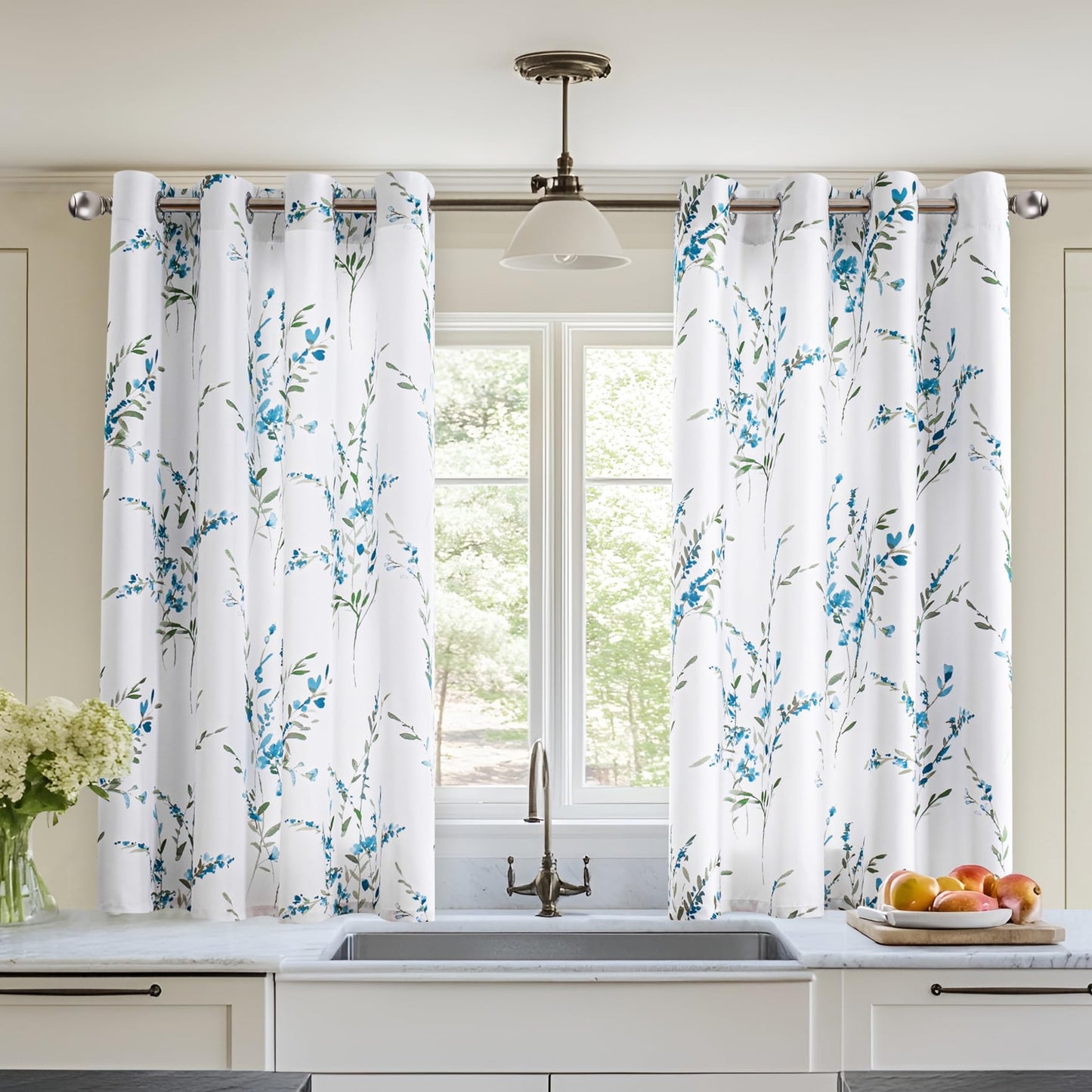 MYSKY HOME 54 inch Floral Curtains, Light Filtering, Thermal Insulated for Bedroom Bay Window, Printed Soft Drapes, Leaf Grommet Darkening, Set of 2 Panels, Sage