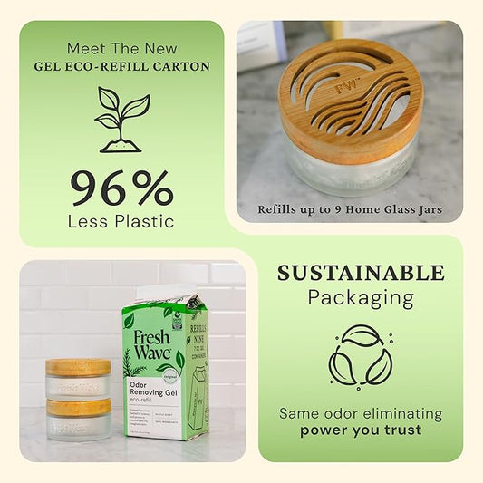 Fresh Wave Odor Removing Gel Eco-Refill, 63 oz. Original Scent | 2 Empty Refillable Glass Jars | 2 Room Set