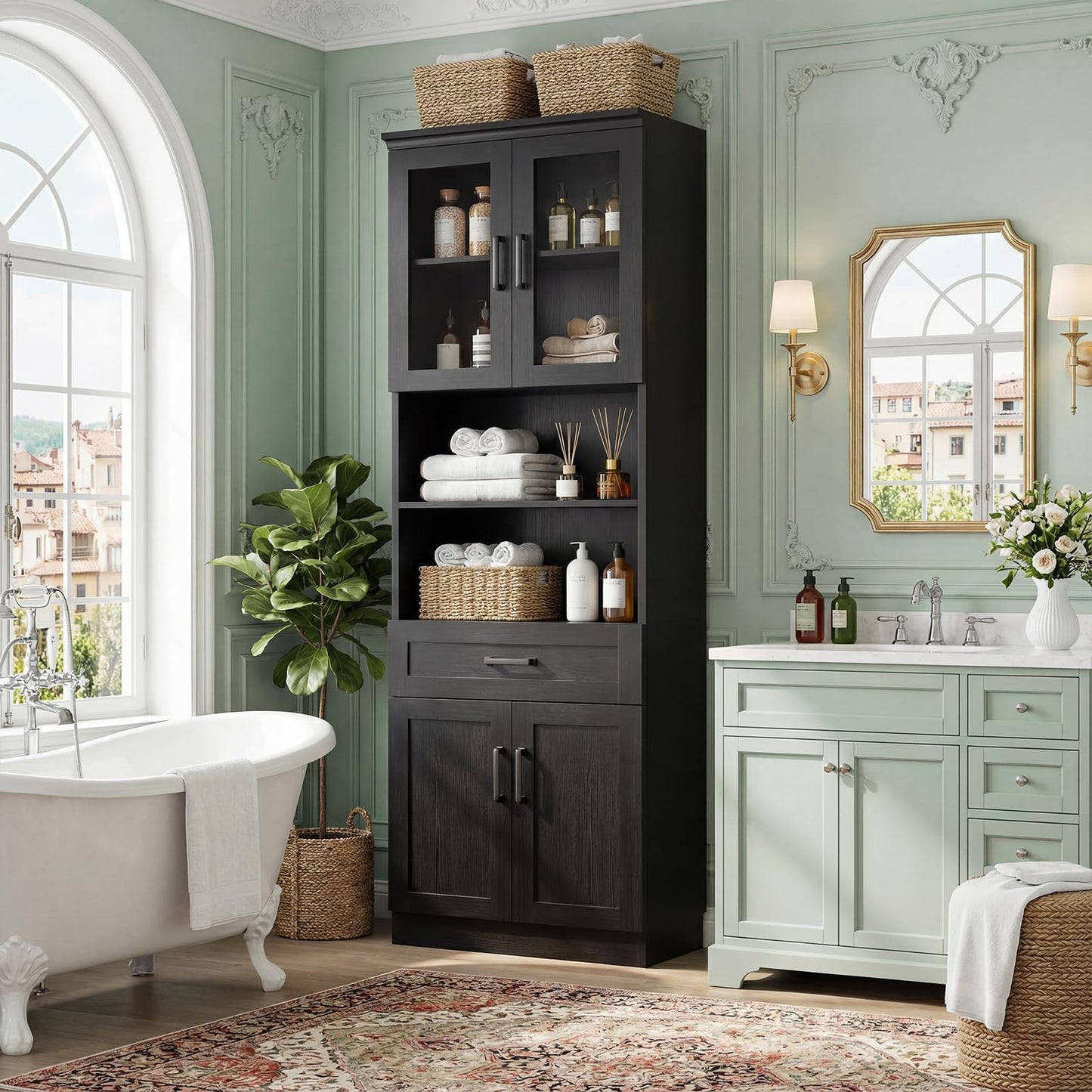 Unikito 79.7" Tall Kitchen Pantry Storage Cabinet, Freestanding Kitchen Hutch Cabinet with Glass Door, Adjustable Shelves and Drawer, Display Bookcase for Living Room, Dining Room, Bathroom, Black