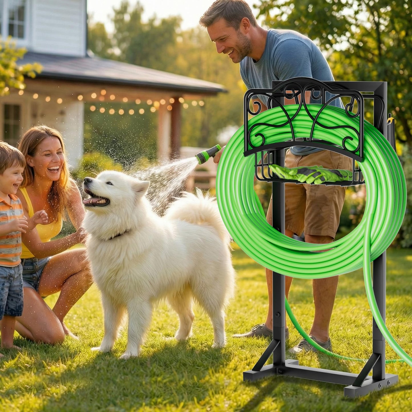 Xeapoms Heavy-Duty Garden Hose Holder with Storage Basket and Tool Hooks, Stable Hose Hanger Metal Garden Hose Storage Holds 160Ft, Rustproof Freestanding Water Hose Holder for Outside,Yard,Lawn,Farm