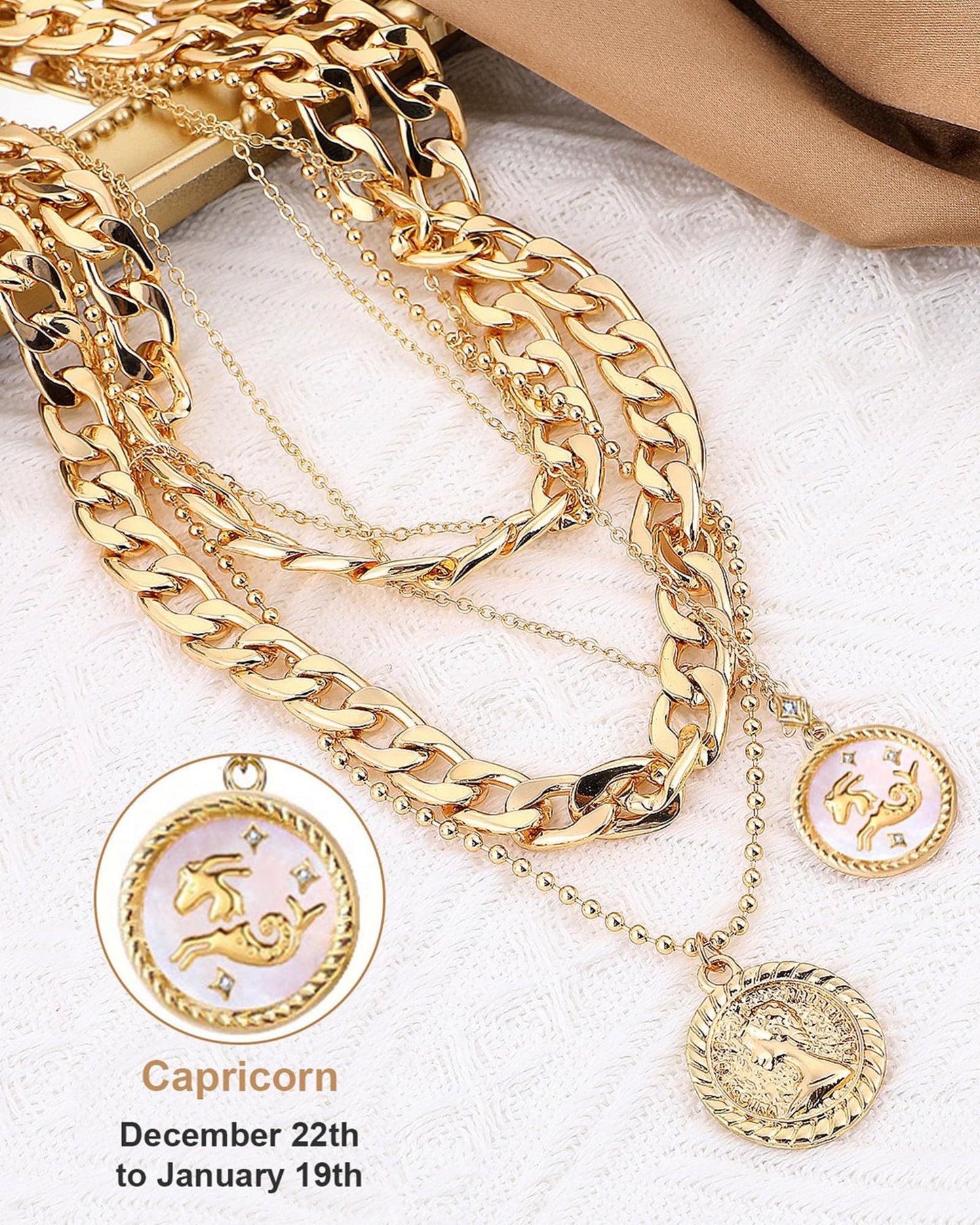 MJartoria Gold Layered Necklaces for Women Trendy Retro Coin Pendant Necklace Dainty Chunky Chain Choker Necklaces for Jewelry Birthday Gifts (Gold, Zodiac-Capricornus-3PCS Layered)