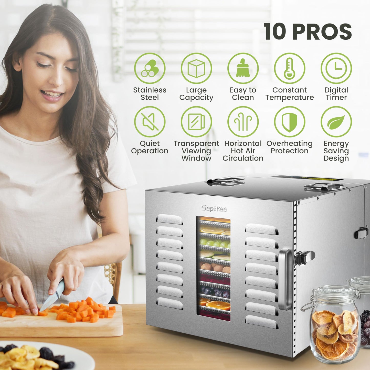 Commercial 10 Trays Food Dehydrator Machine for Jerky and Herbs Usable Area up to 24.65ft² and 194℉ Temperature 1000W Detachable Stainless Steel Dryer for Meat Fruit Mushrooms Beef Food Secret Silver